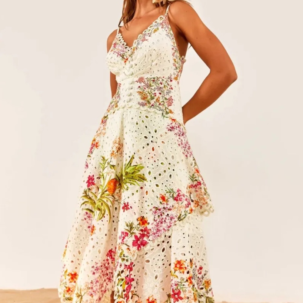 New! FARM RIO Delicate Forest Scarves Midi Dress M Eyelet Lace Asymmetric Hi Low